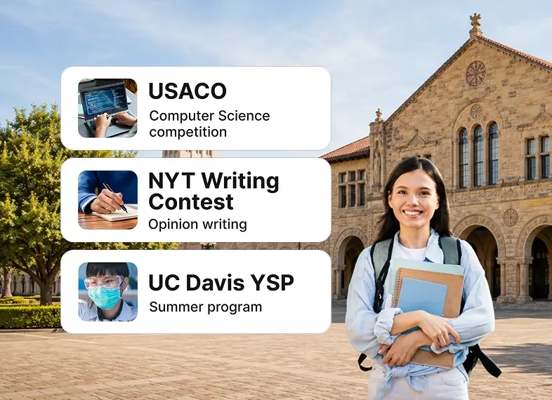 Parent and child reviewing scheduled activities together, with example opportunities like USACO, the NYT Writing Contest, and UC Davis YSP